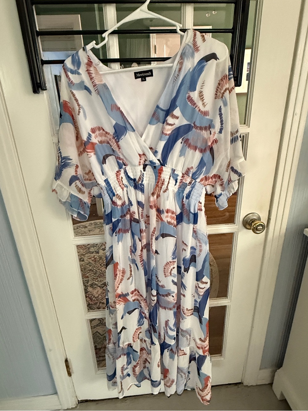Midi Dress in White with Blue & Rust Print